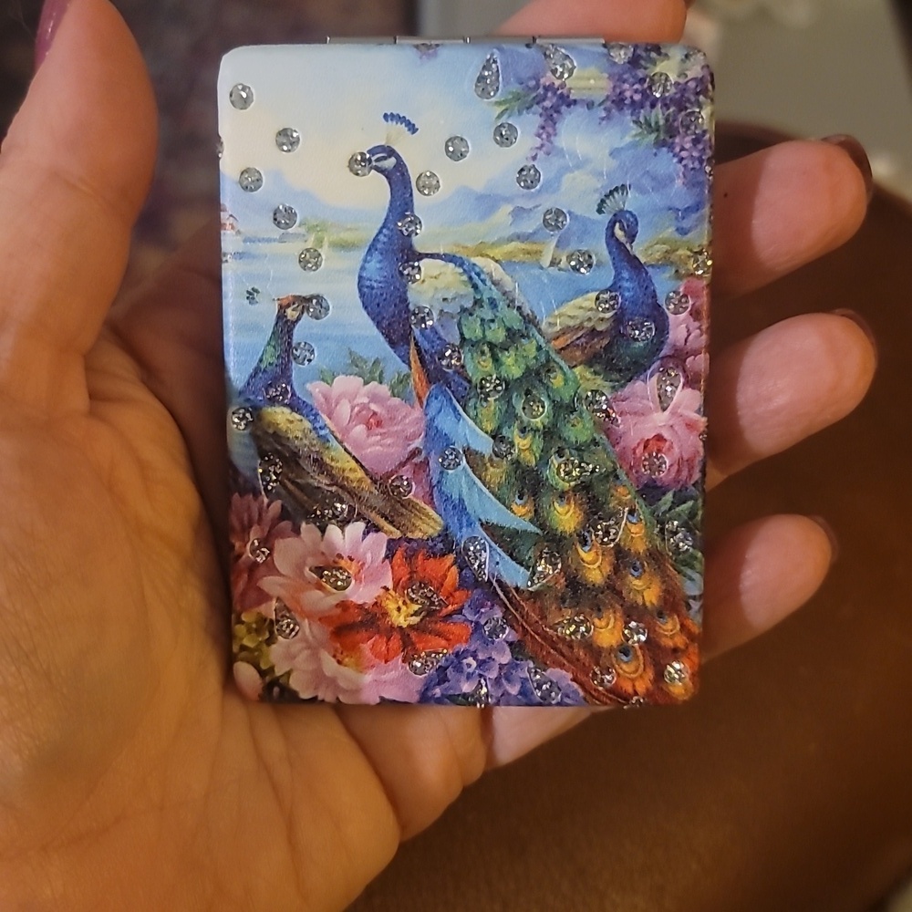 Rhinestone embellished peacock compact Makeup mirror new holiday gift